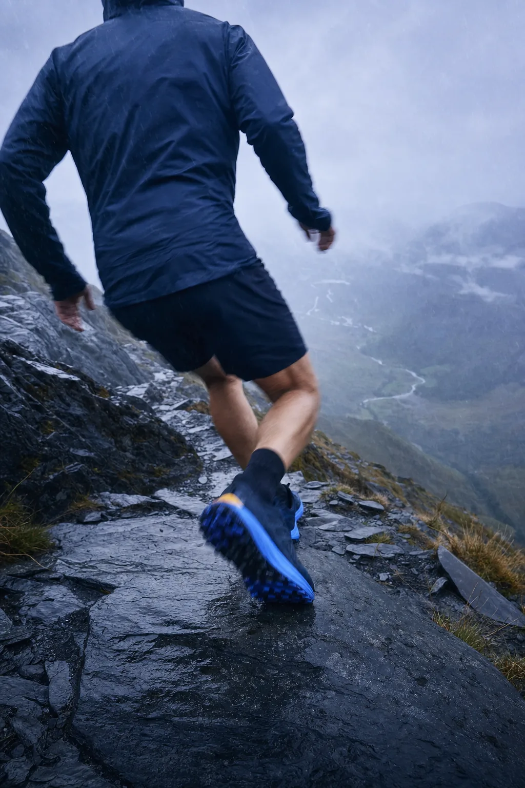 A trail runner seen from behind, mid-stride down a wet rocky trail in rain, one shoe planted on dark slate