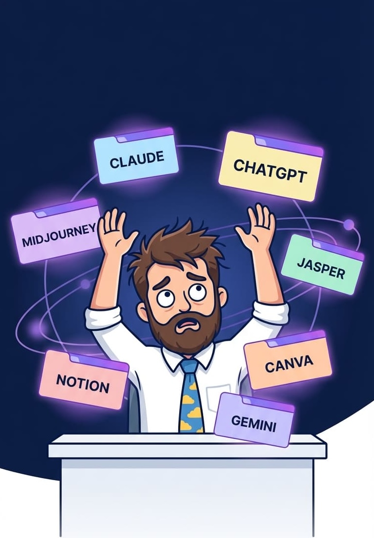 Overwhelmed marketer surrounded by too many tools