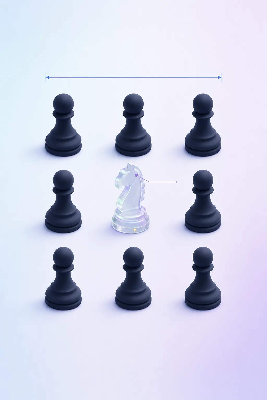 A three-by-three grid of identical matte navy chess pawns with a single frosted-glass knight in the centre, one amber dot at its base