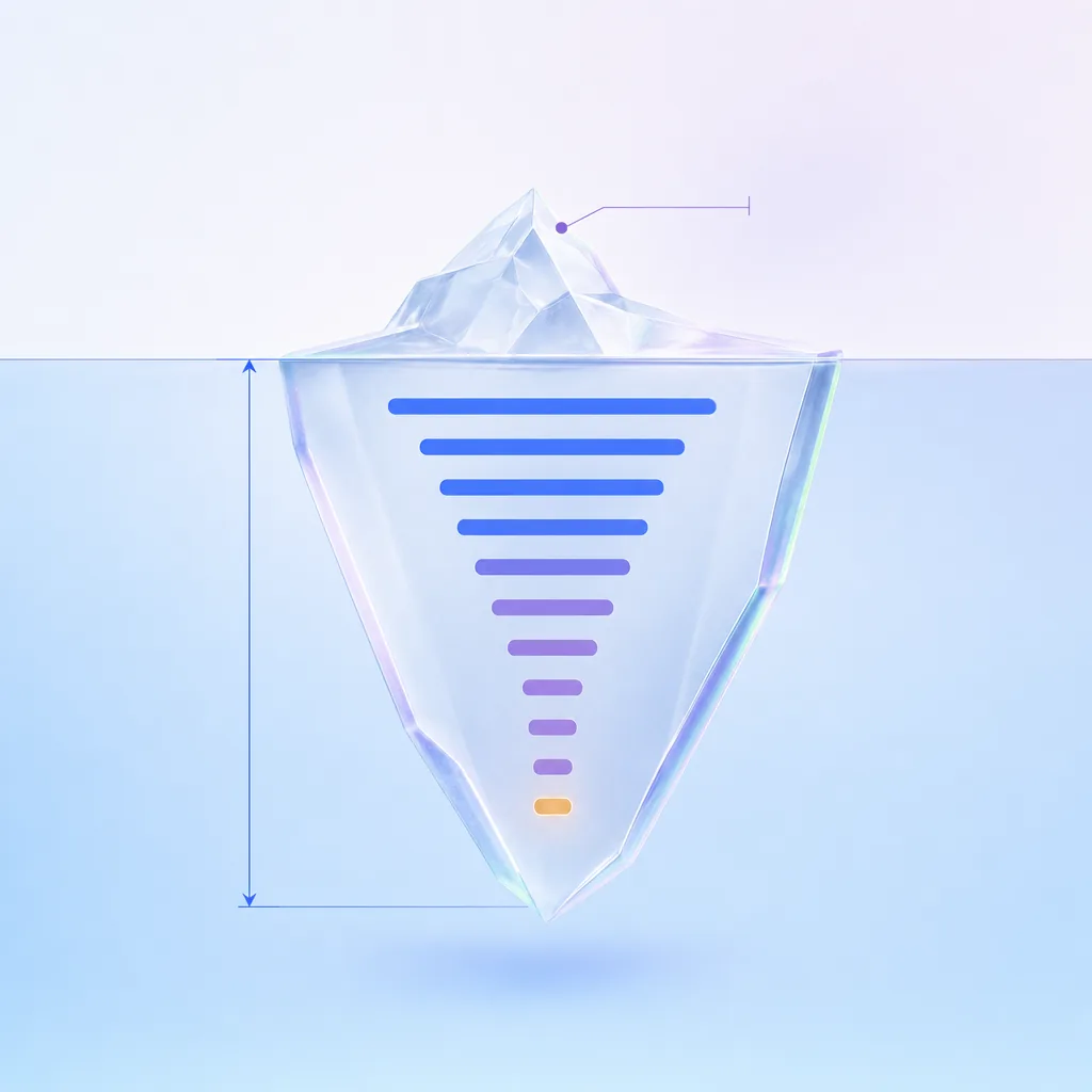 A frosted-glass iceberg on a pale wash, a small tip above the waterline and a ranked ladder of keyword bars beneath it, the deepest one amber