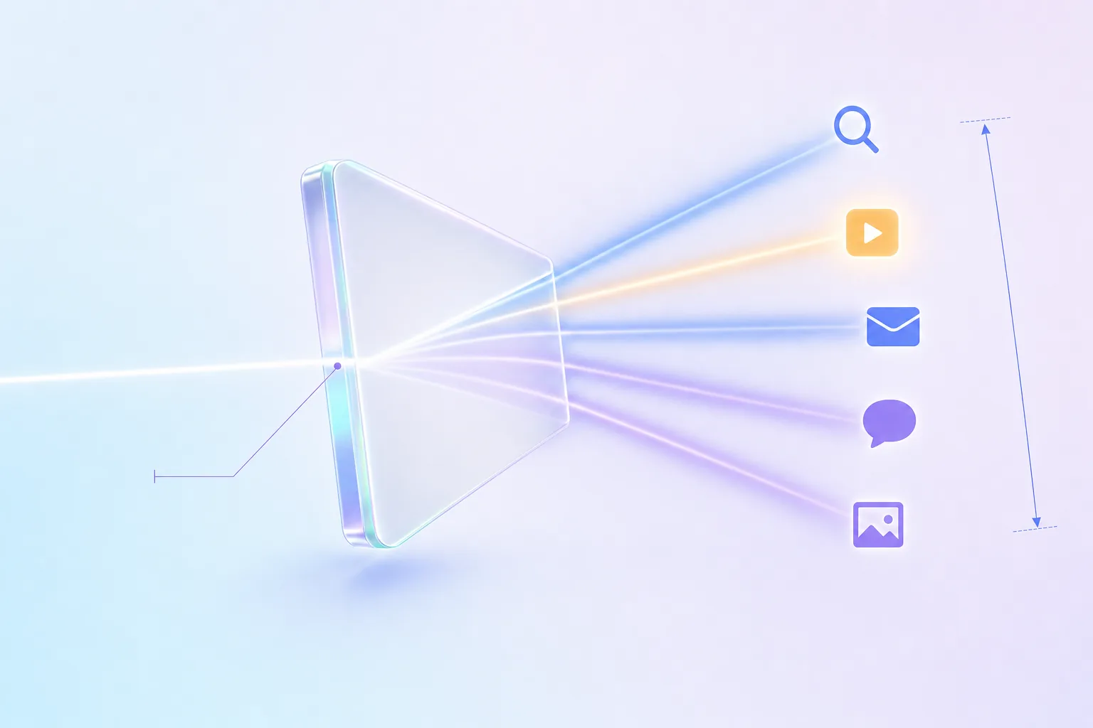 A frosted-glass prism splitting one beam of light into five rays, each landing on a channel glyph
