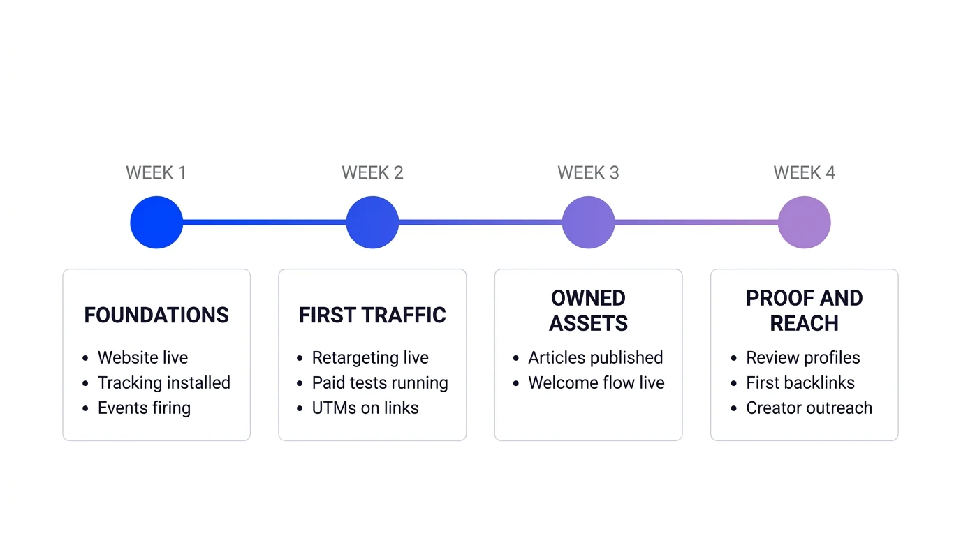 A four-week marketing roadmap timeline showing foundations, first traffic, owned assets, and proof and reach