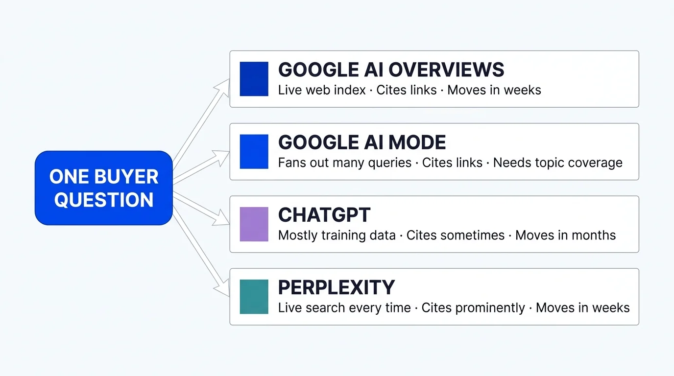 Four AI answer surfaces mapped by where each pulls its sources and how fast you can influence it