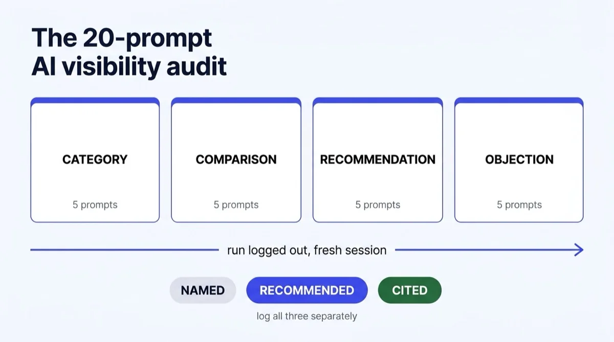 So läuft ein Audit der KI-Sichtbarkeit über ChatGPT, Perplexity und den Google KI-Modus mit einem festen Prompt-Satz