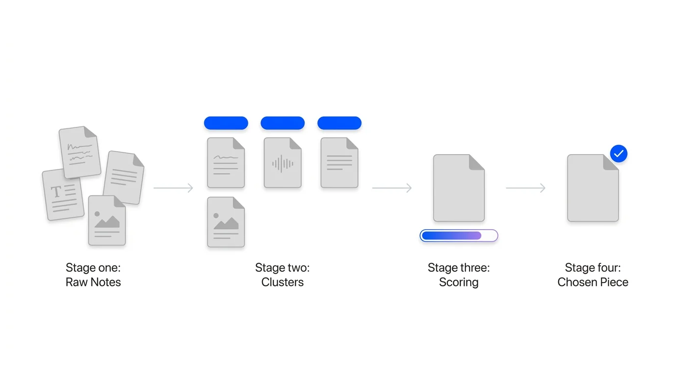 The content idea pipeline: raw notes from every source, grouped into clusters by the question behind them, scored, then one piece chosen to publish next