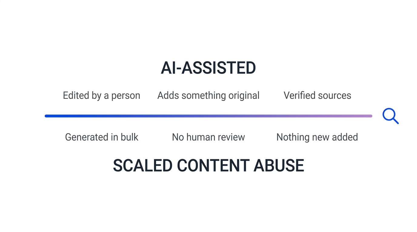 Die Grenze, die Google zwischen KI-gestützten Inhalten und Scaled Content Abuse zieht: auf der einen Seite menschliche Prüfung und eigener Mehrwert, auf der anderen Massenproduktion