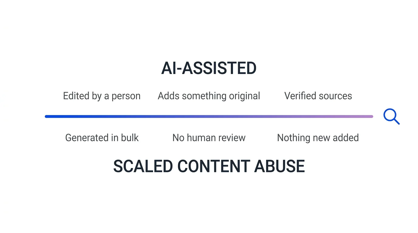 The line Google draws between AI-assisted content and scaled content abuse, showing human review and original value on one side and bulk generation on the other