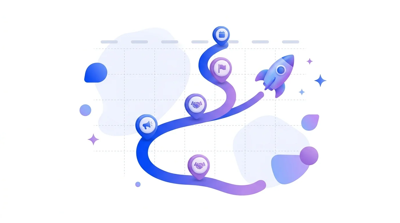 A 30-day marketing launch roadmap with milestones and a rising rocket