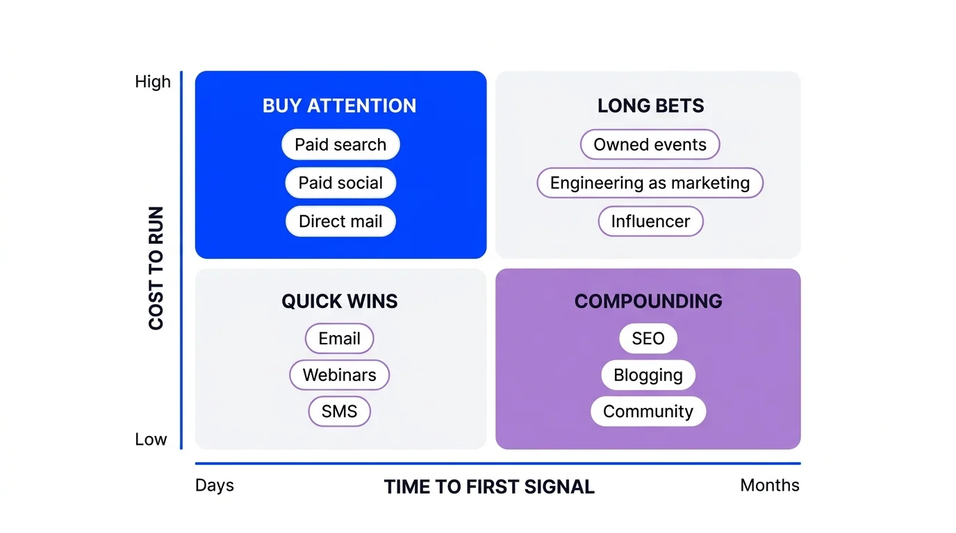 Marketing channels plotted on a cost versus speed quadrant, showing quick wins, buy attention, compounding and long bets