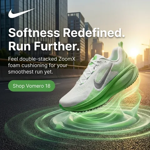 Nike banner generated by Aiter: Softness Redefined. Run Further.