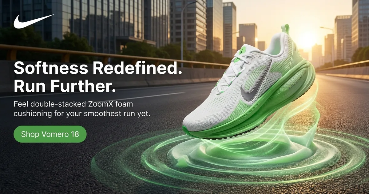Nike banner generated by Aiter: Softness Redefined. Run Further.