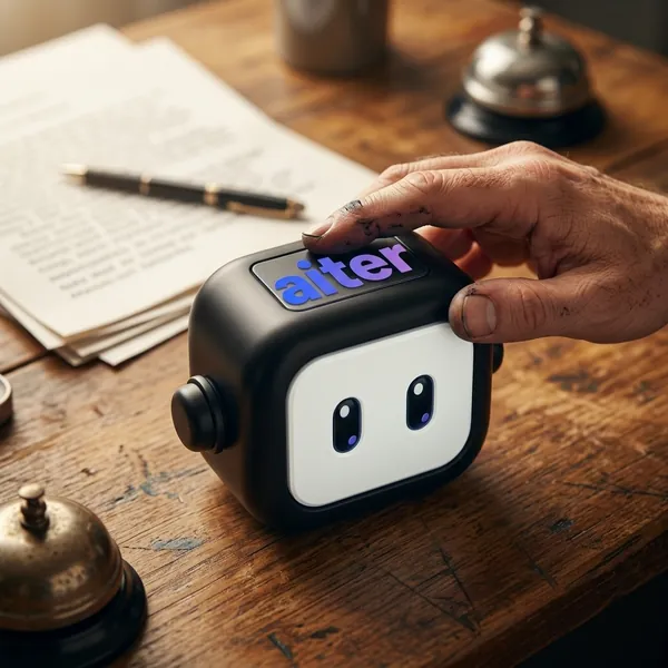 A hand pressing a small robot-faced desk bell on a wooden desk