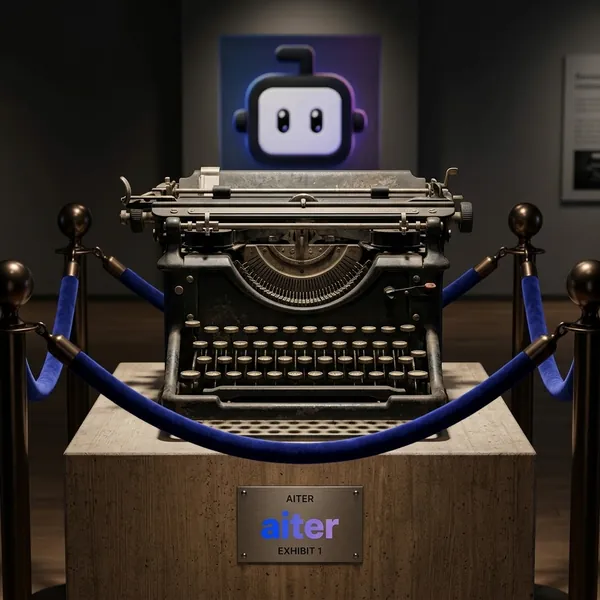 A typewriter on a museum plinth behind a velvet rope