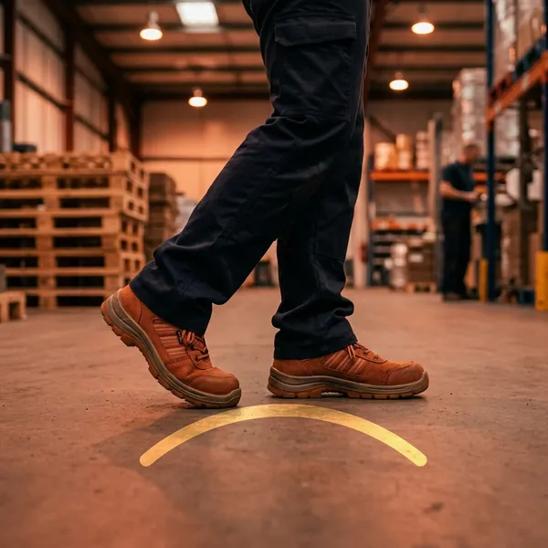 A work boot mid-step on a warehouse floor with a glowing arc under it