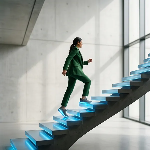 A woman in a green suit climbing a lit staircase in a concrete lobby