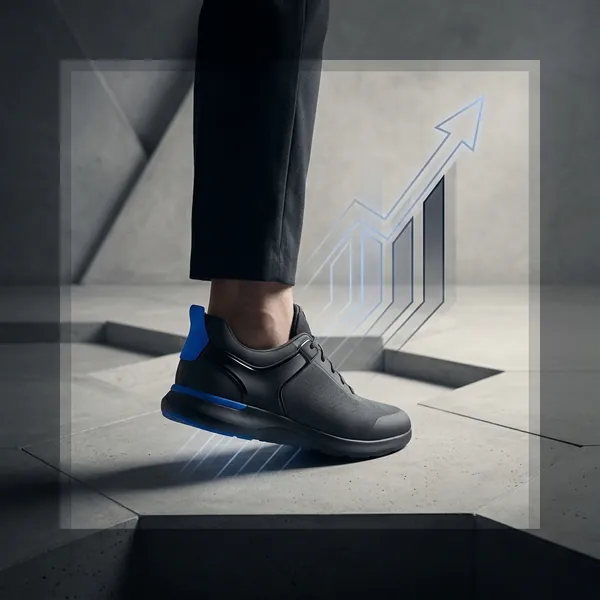 A dark work shoe stepping onto a platform with a rising chart behind it