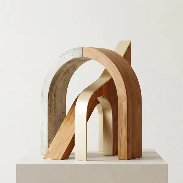 A small sculpture of nested arches in wood, stone and brass