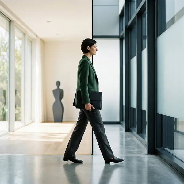 A woman in a green blazer walking through a glass corridor