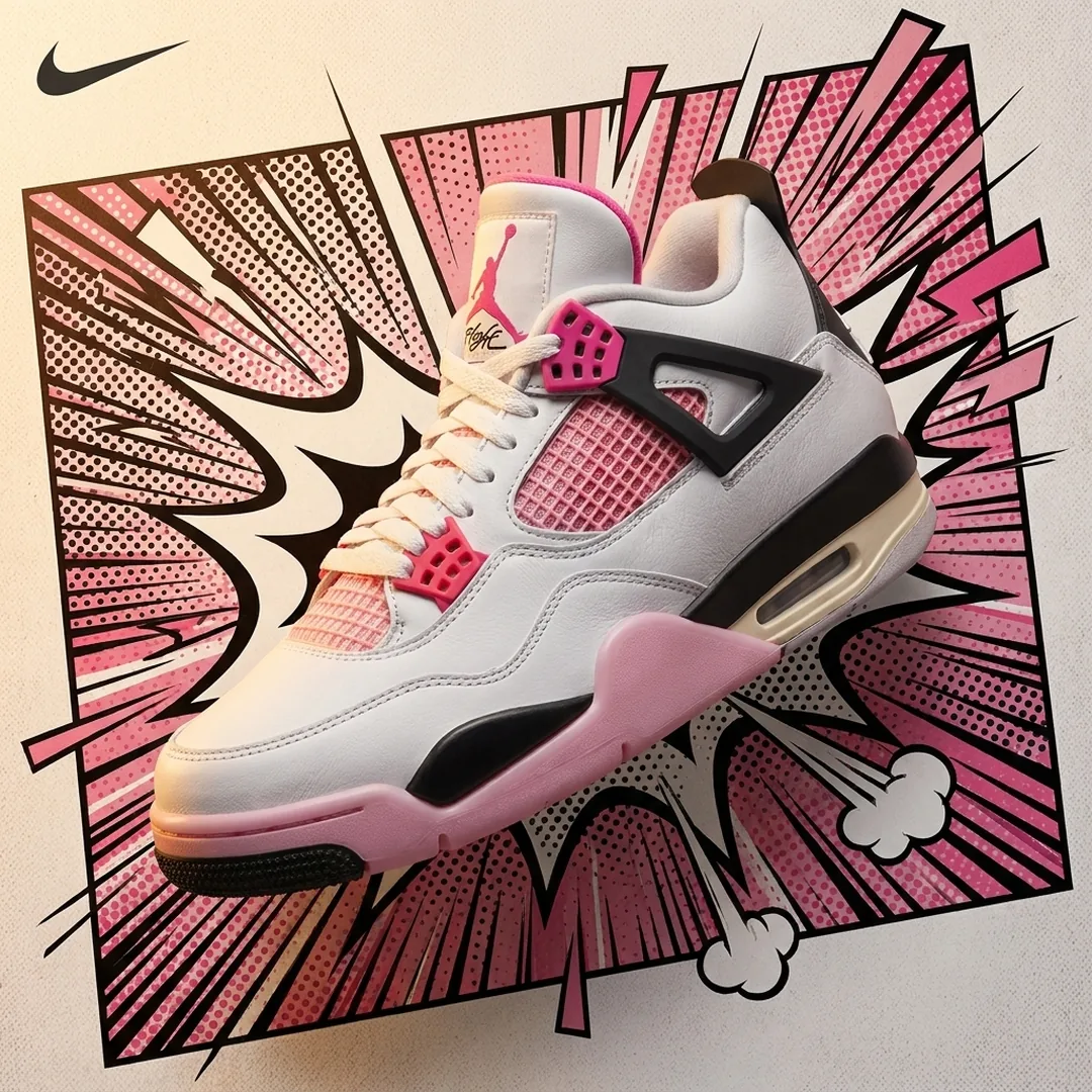 Aiter's Facebook image for the post: a comic-book panel of a white Air Jordan 4 with pink accents bursting out of halftone rays