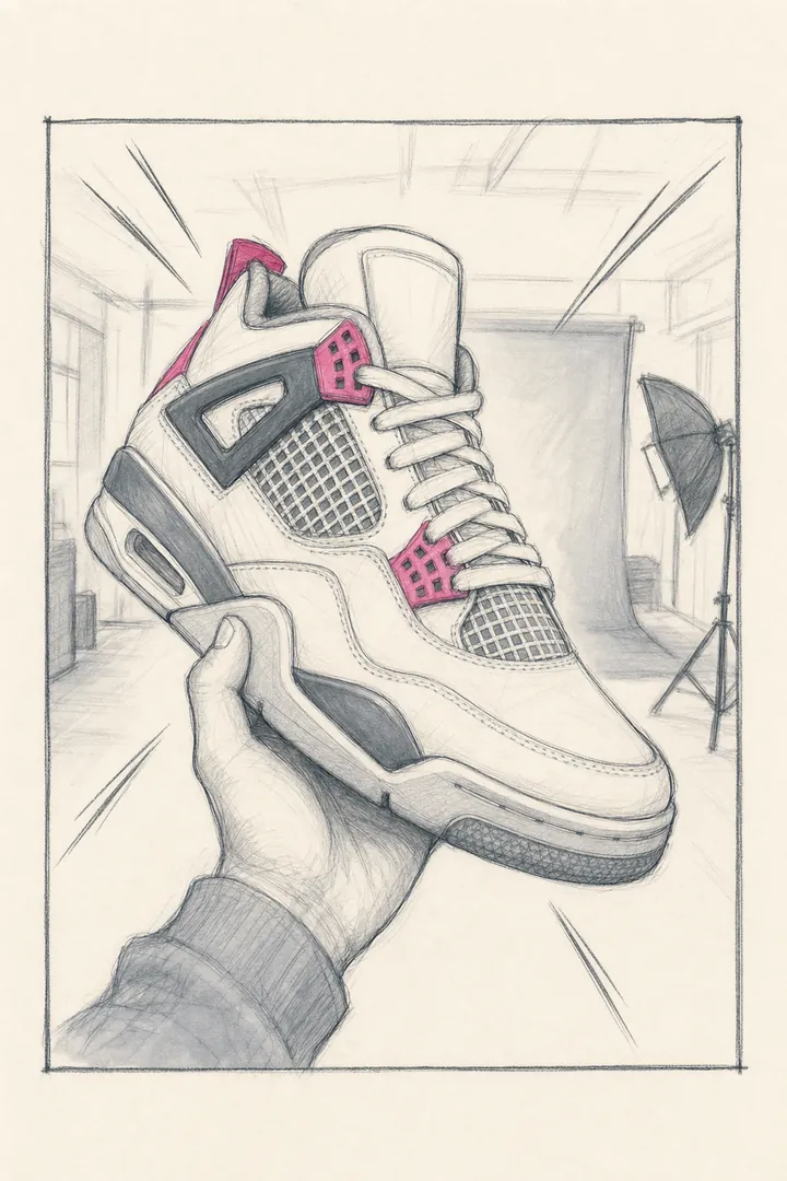 Storyboard sketch: a hand holds a sneaker up to the lens in a studio