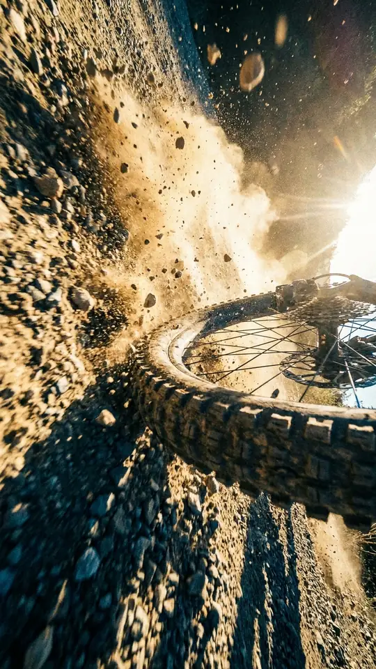A mountain bike tire tearing through loose gravel into the low sun