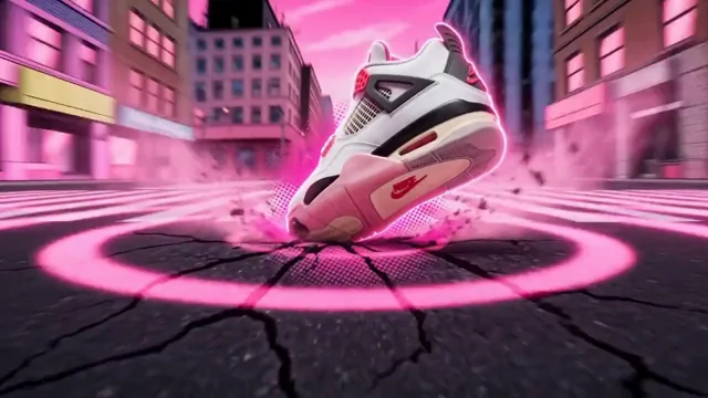 The same street redrawn as a pink comic-book panel, the shoes mid-stride