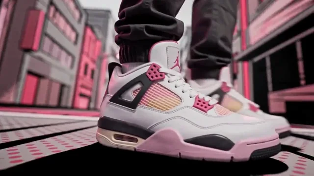 A close shot of the shoe's stitching and pink accents on a comic-style pavement