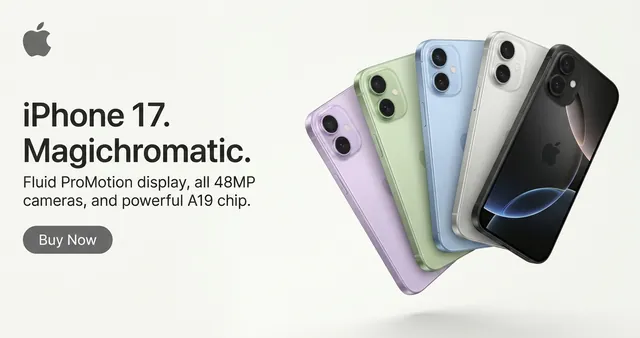 Apple display banner: five iPhone 17 colors fanned out, Magichromatic