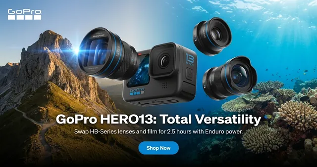 GoPro display banner: HERO13 cameras over a coral reef, Total Versatility