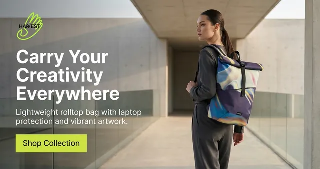 Harvest display banner: a woman with a rolltop backpack in a concrete corridor, Carry Your Creativity Everywhere