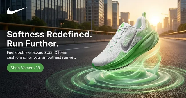 Nike display banner: a Vomero 18 shoe on a road at sunrise with green light rings, Softness Redefined