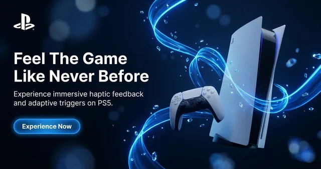 PlayStation display banner: PS5 and controller in blue light, Feel The Game Like Never Before